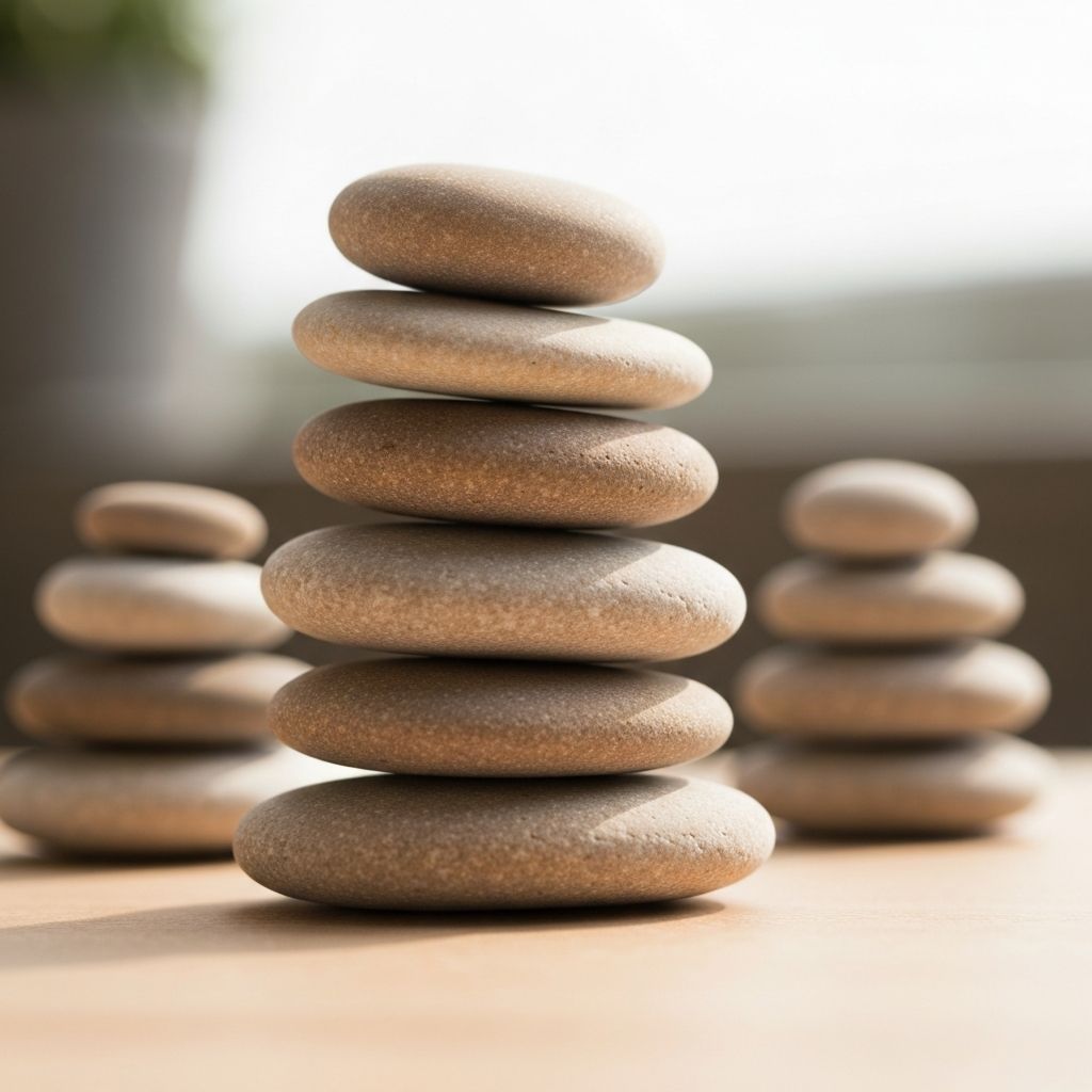 Stacked smooth stones in perfect balance representing wellness concept with soft natural light