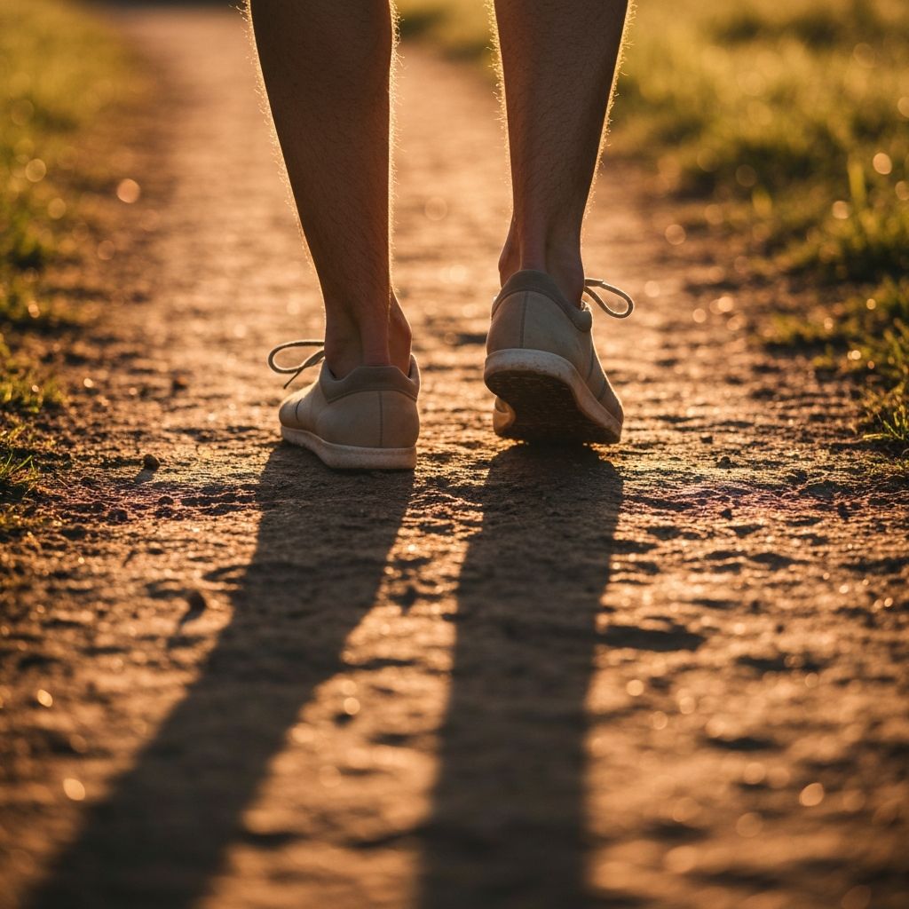 Close-up of feet walking on natural path with morning light creating peaceful outdoor activity scene