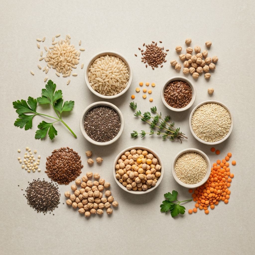 Flat lay of natural healthy ingredients including grains, seeds, and fresh herbs on neutral background