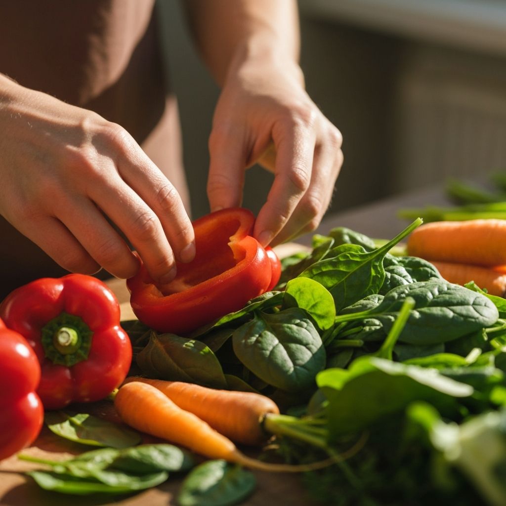 Close-up hands holding fresh vegetables and healthy food in natural light