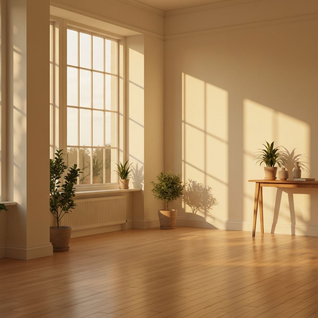 Golden morning sunlight streaming through window creating peaceful indoor wellness atmosphere