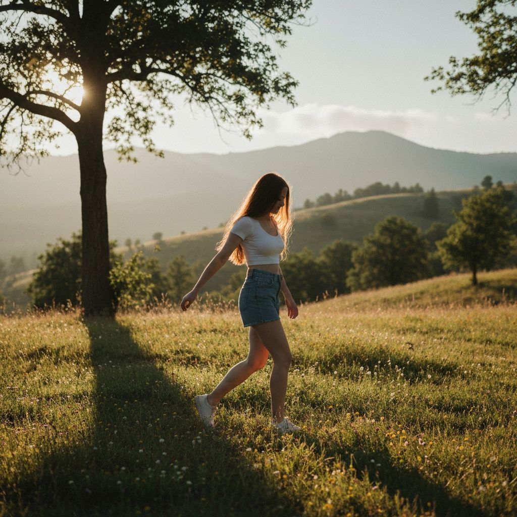 Person walking peacefully through natural landscape with morning light and serene atmosphere
