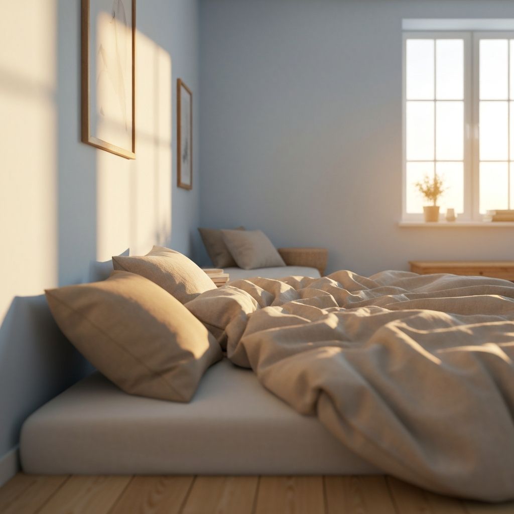 Peaceful sleep concept with soft pillows and natural bedding showing warm golden morning light in cozy bedroom